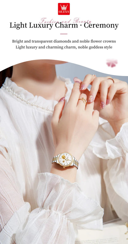 OLEVS Women's Elegant Automatic Mechanical Watch, Hollow Flower Dial, Waterproof, Luminous, Original Fashion Ladies' Timepiece