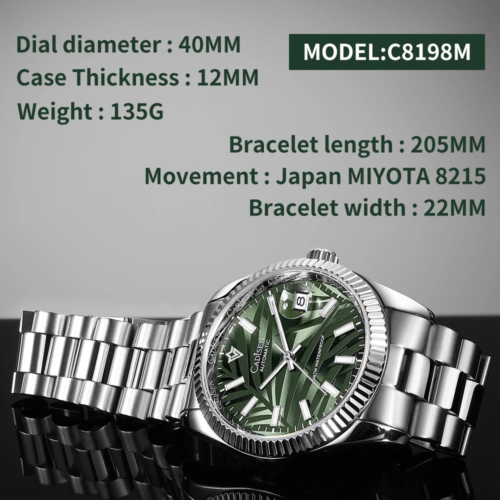 CADISEN 40MM Luxury Automatic Watch | Palm Leaf Dial, Sapphire Glass, MIYOTA 8215 Movement, Olive Green Design