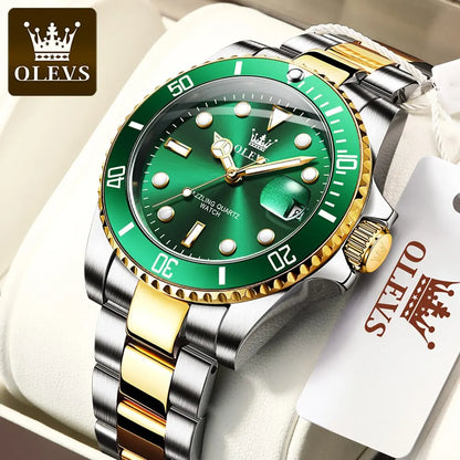 OLEVS Men's Luxury Quartz Watch - Green Dial, Stainless Steel, Luminous, Waterproof