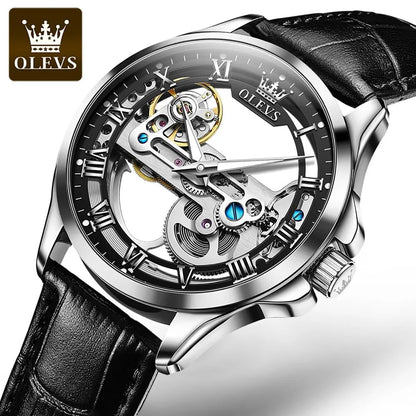 OLEVS Luxury Men's Automatic Mechanical Watch - Skeleton Design, Waterproof, Leather Strap