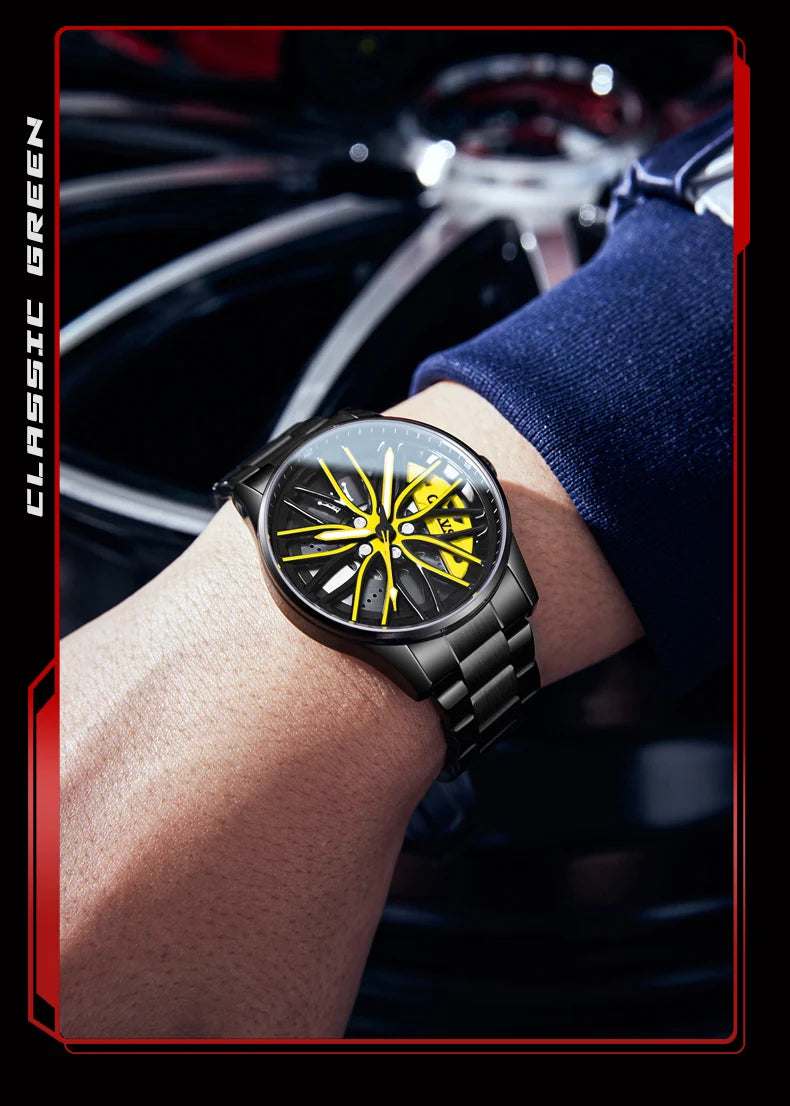 OLEVS Wheel Men's Luxury Watch: Waterproof Rotary Sport Car Rim Design, High-Quality Quartz, Fashion Best Seller