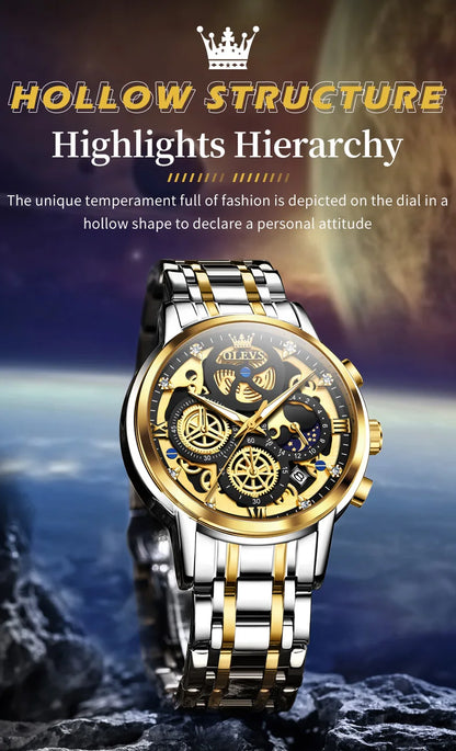 OLEVS Men's Luxury Quartz Watch - Waterproof, Gold Skeleton Design, 24-Hour Day & Night Wristwatch