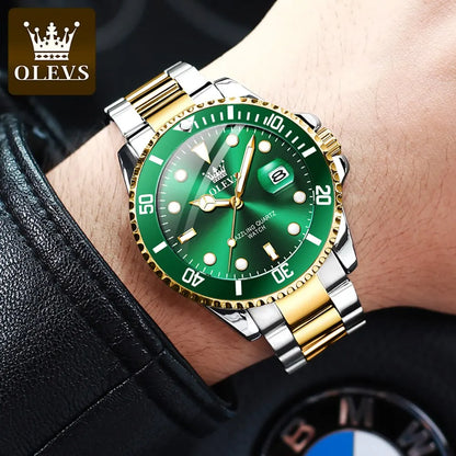 OLEVS Men's Luxury Quartz Watch - Green Dial, Stainless Steel, Luminous, Waterproof