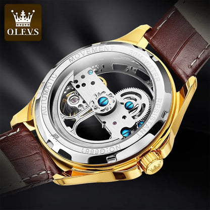 OLEVS Luxury Men's Automatic Mechanical Watch - Skeleton Design, Waterproof, Leather Strap