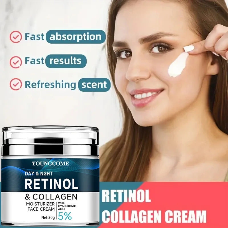 Retinol Collagen Cream with Hyaluronic Acid, Vitamin C + E - Firming, Nourishing & Moisturizing, Anti-Wrinkle, Aging, Shrinks Pores