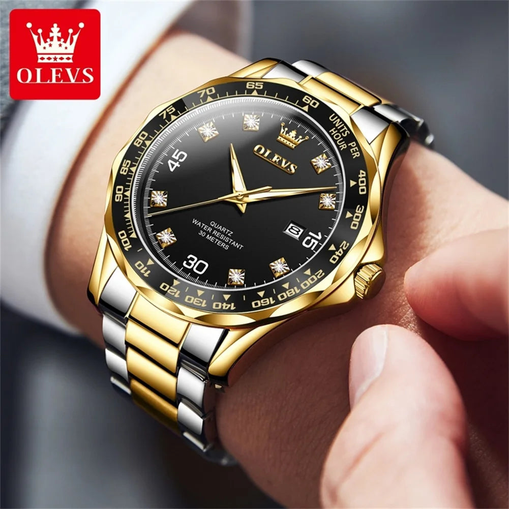 OLEVS Golden Green Quartz Watch for Men - Luxury Brand, Diving Waterproof, Stainless Steel, Rubber Strap, Original Men's Watch 9988