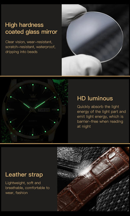 OLEVS Men's Quartz Watch - Luxury Casual Fashion, Waterproof, Luminous, Breathable Leather Strap, Ideal Gift