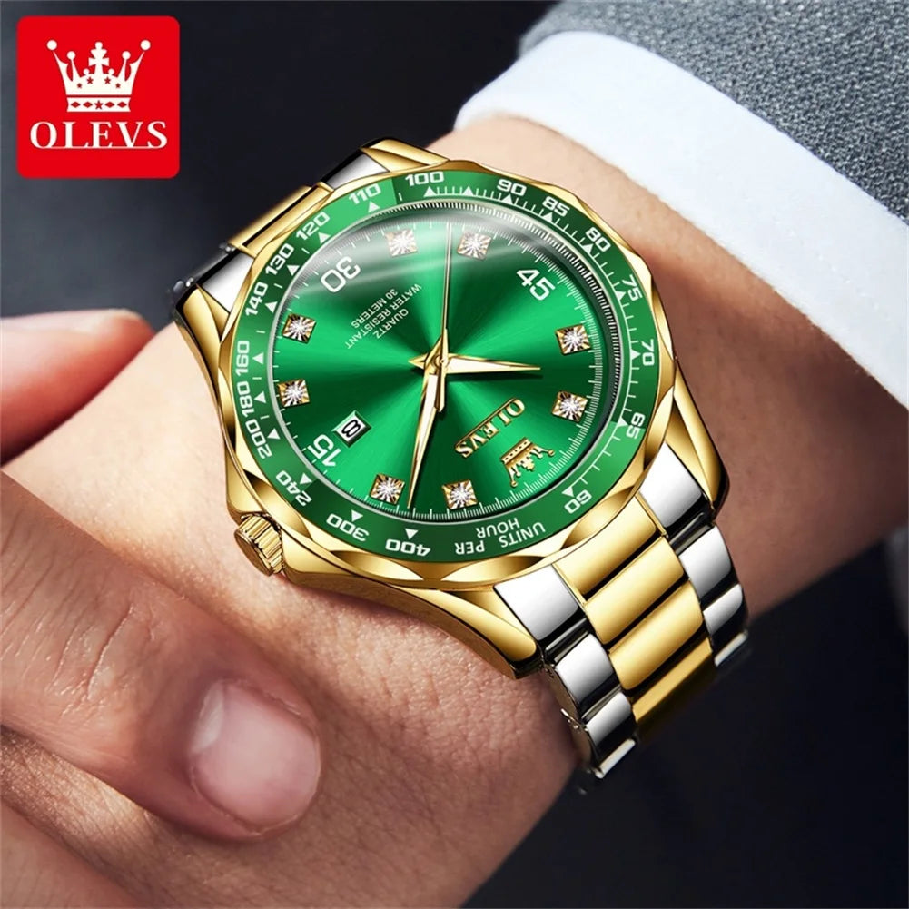 OLEVS Golden Green Quartz Watch for Men - Luxury Brand, Diving Waterproof, Stainless Steel, Rubber Strap, Original Men's Watch 9988