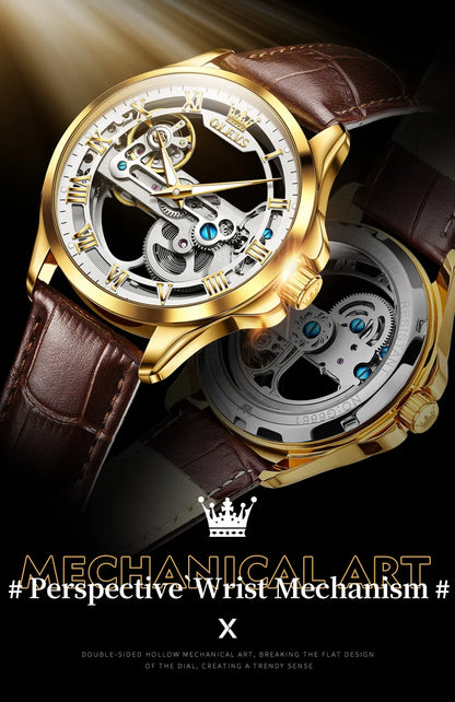 OLEVS Luxury Men's Automatic Mechanical Watch - Skeleton Design, Waterproof, Leather Strap