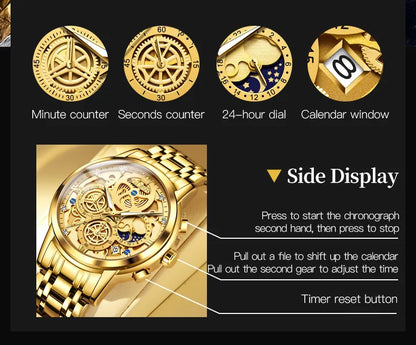 OLEVS Men's Luxury Quartz Watch - Waterproof, Gold Skeleton Design, 24-Hour Day & Night Wristwatch