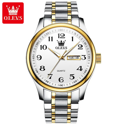 OLEVS Classic Business Quartz Watch for Men: Digital Dial, Date & Week Display, Luminous, Waterproof, Gold Wristwatch