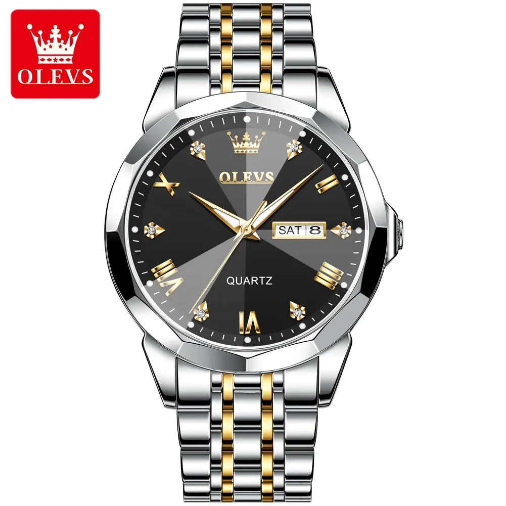 OLEVS Men's Quartz Watch - Rhombus Mirror, Waterproof, Luminous, Stainless Steel, Date & Week Display