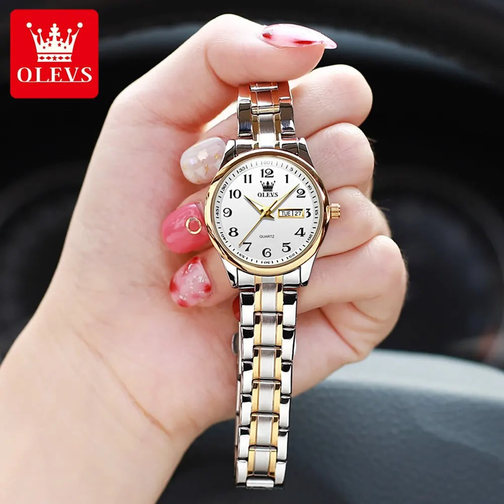 OLEVS Luxury Women's Quartz Watch – Elegant Stainless Steel Wristwatch, Luminous, Waterproof, with Week & Date Display – Perfect for Ladies' Dress & Casual Wear