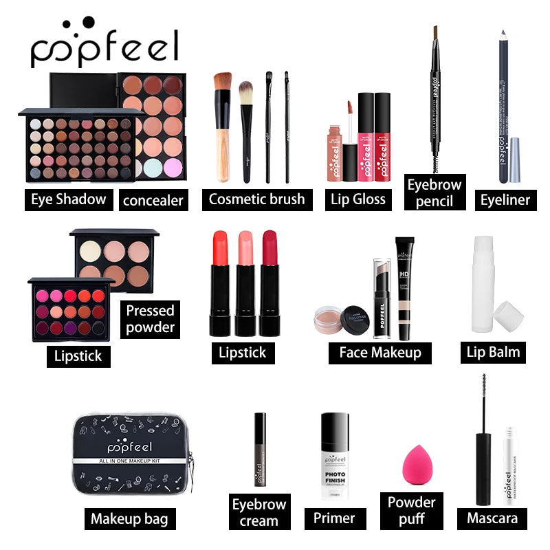 POPFEEL Complete Makeup Set – 24-Piece All-in-One Kit for Lips, Eyes & Face | Warm Brown Tones, Long-Lasting Formula, Perfect Gift