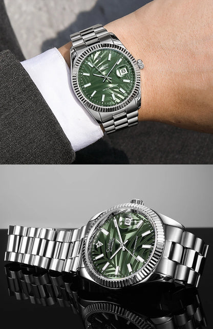 CADISEN 40MM Luxury Automatic Watch | Palm Leaf Dial, Sapphire Glass, MIYOTA 8215 Movement, Olive Green Design