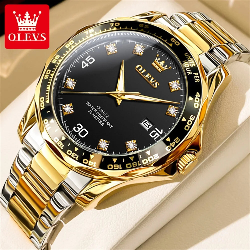 OLEVS Golden Green Quartz Watch for Men - Luxury Brand, Diving Waterproof, Stainless Steel, Rubber Strap, Original Men's Watch 9988