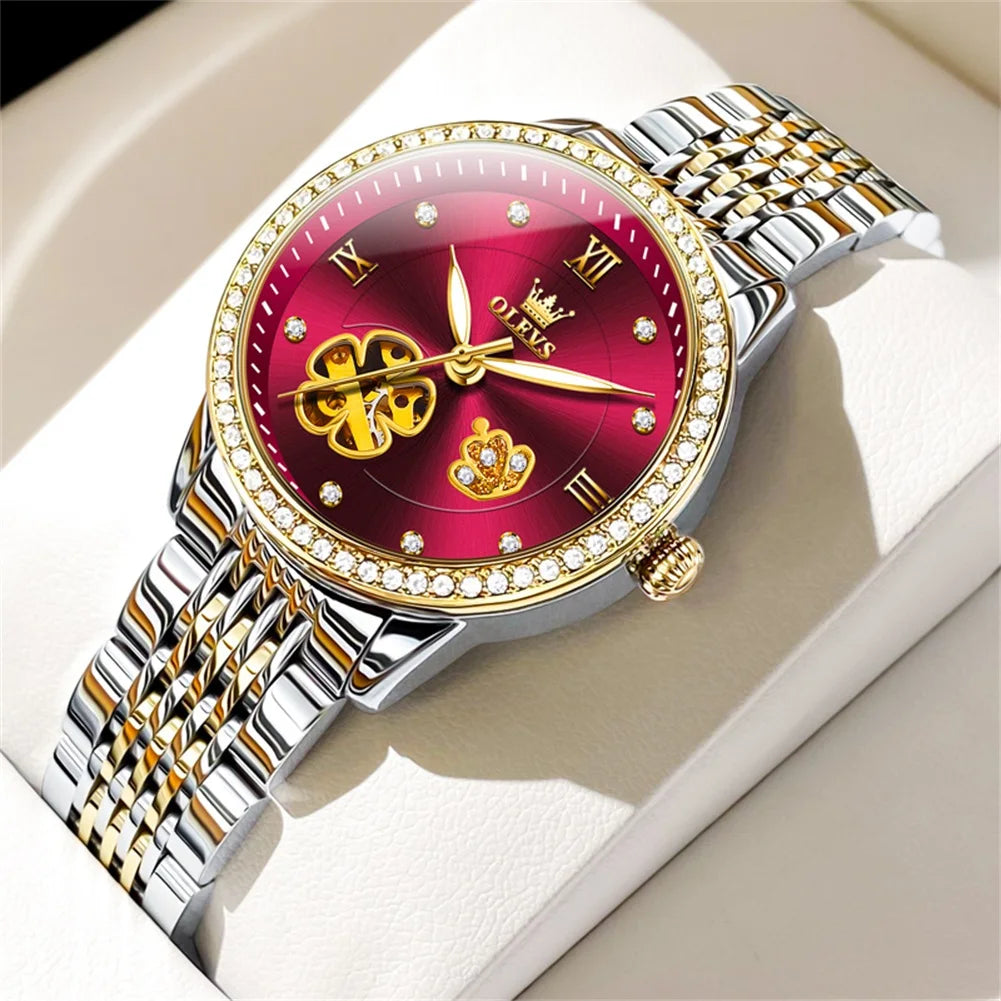 OLEVS Women's Elegant Automatic Mechanical Watch, Hollow Flower Dial, Waterproof, Luminous, Original Fashion Ladies' Timepiece