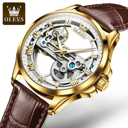 OLEVS Luxury Men's Automatic Mechanical Watch - Skeleton Design, Waterproof, Leather Strap