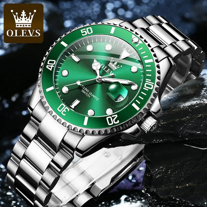 OLEVS Men's Luxury Quartz Watch - Green Dial, Stainless Steel, Luminous, Waterproof