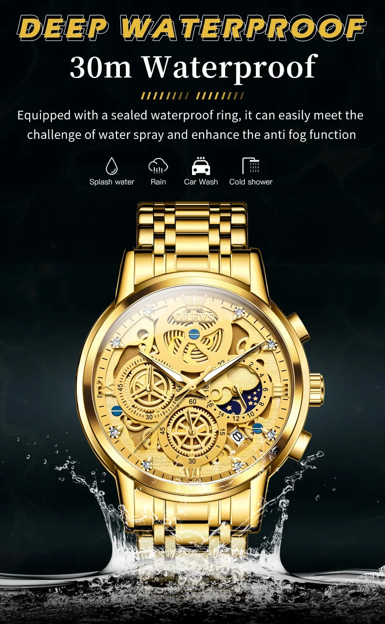 OLEVS Men's Luxury Quartz Watch - Waterproof, Gold Skeleton Design, 24-Hour Day & Night Wristwatch