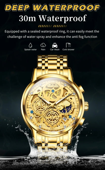 OLEVS Men's Luxury Quartz Watch - Waterproof, Gold Skeleton Design, 24-Hour Day & Night Wristwatch