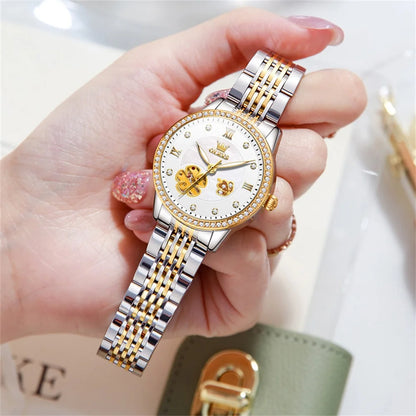 OLEVS Women's Elegant Automatic Mechanical Watch, Hollow Flower Dial, Waterproof, Luminous, Original Fashion Ladies' Timepiece