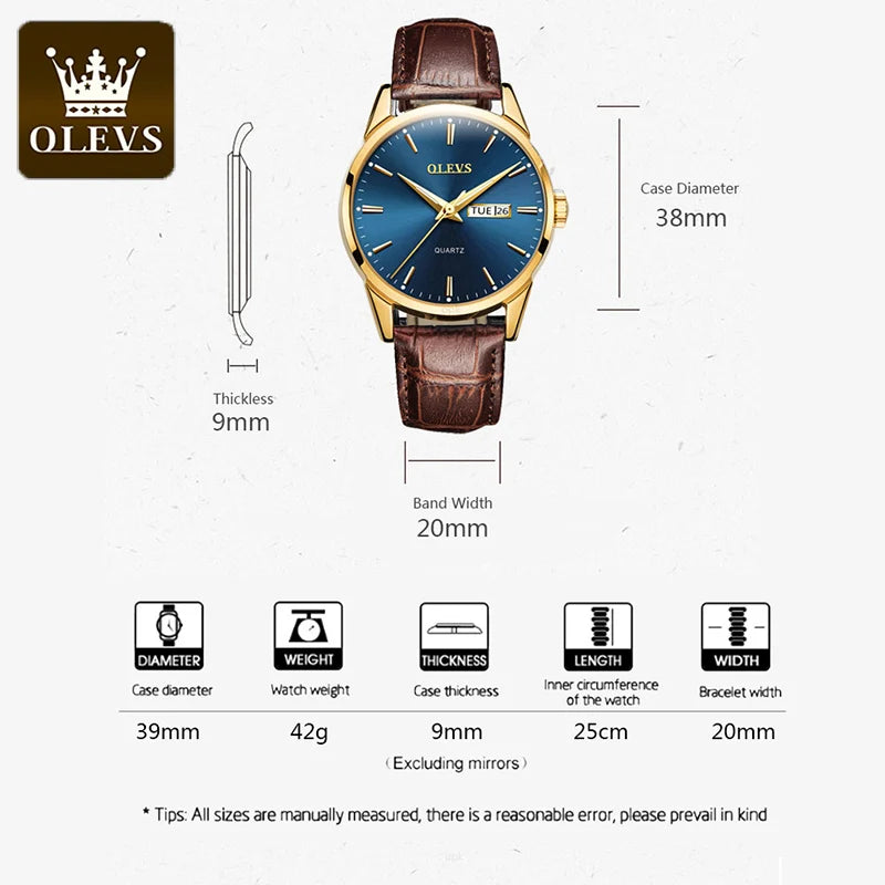 OLEVS Men's Quartz Watch - Luxury Casual Fashion, Waterproof, Luminous, Breathable Leather Strap, Ideal Gift