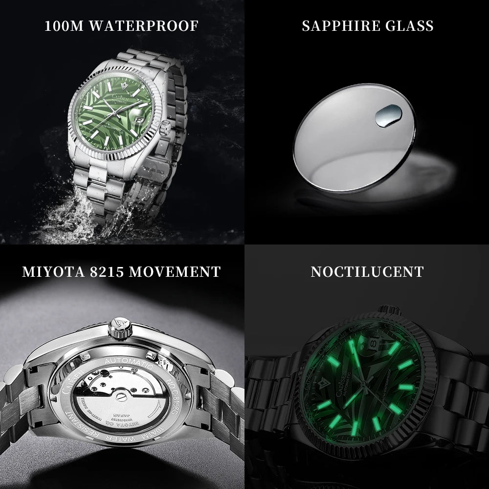 CADISEN 40MM Luxury Automatic Watch | Palm Leaf Dial, Sapphire Glass, MIYOTA 8215 Movement, Olive Green Design