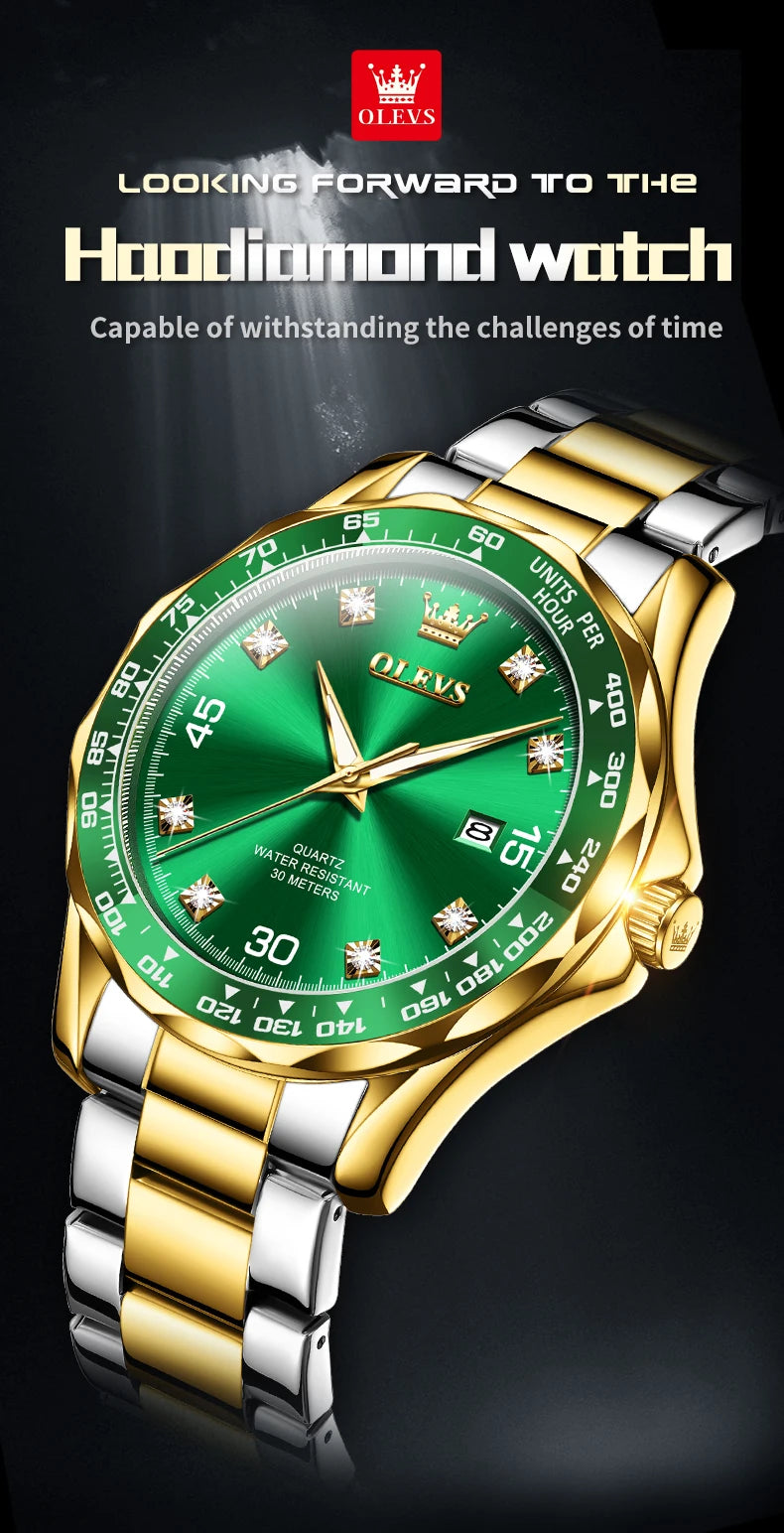 OLEVS Golden Green Quartz Watch for Men - Luxury Brand, Diving Waterproof, Stainless Steel, Rubber Strap, Original Men's Watch 9988