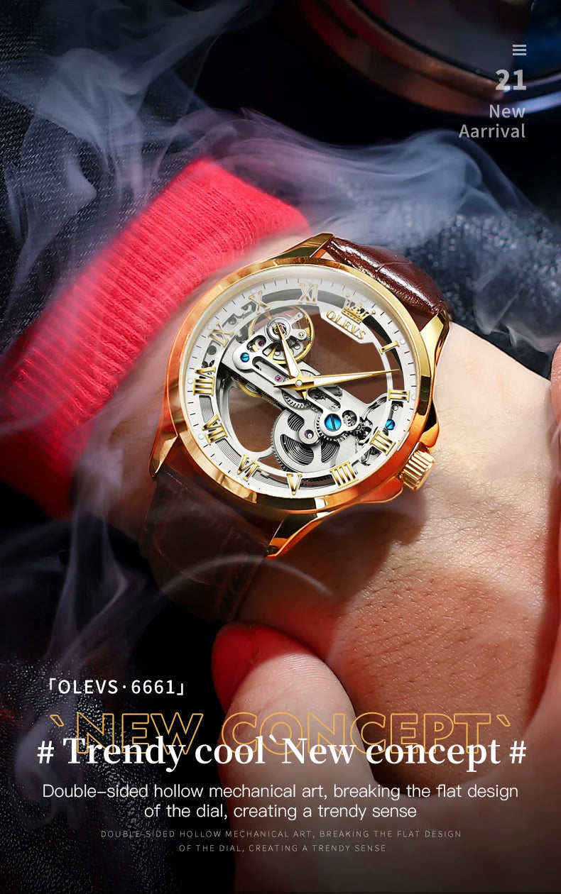 OLEVS Luxury Men's Automatic Mechanical Watch - Skeleton Design, Waterproof, Leather Strap