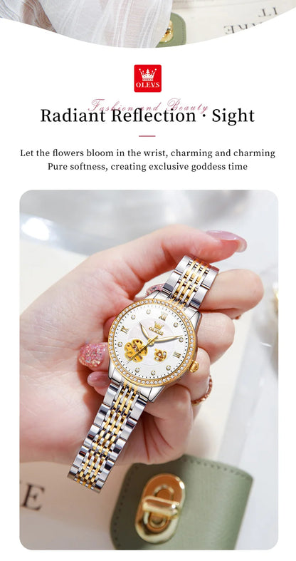 OLEVS Women's Elegant Automatic Mechanical Watch, Hollow Flower Dial, Waterproof, Luminous, Original Fashion Ladies' Timepiece