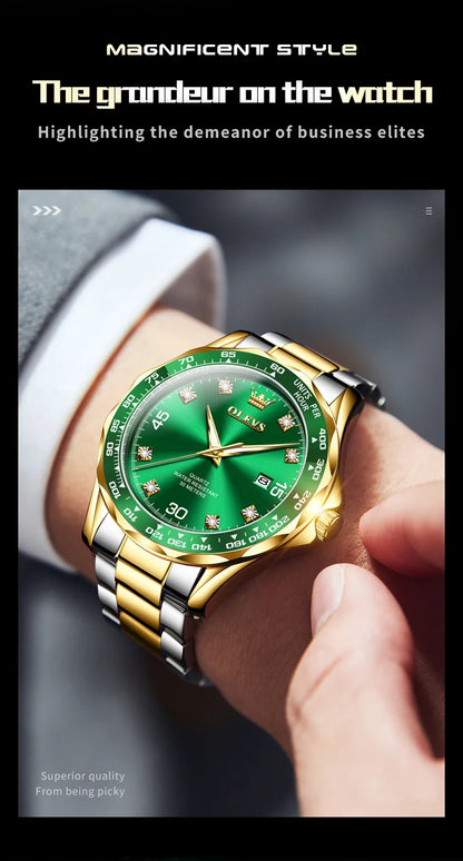 OLEVS Golden Green Quartz Watch for Men - Luxury Brand, Diving Waterproof, Stainless Steel, Rubber Strap, Original Men's Watch 9988