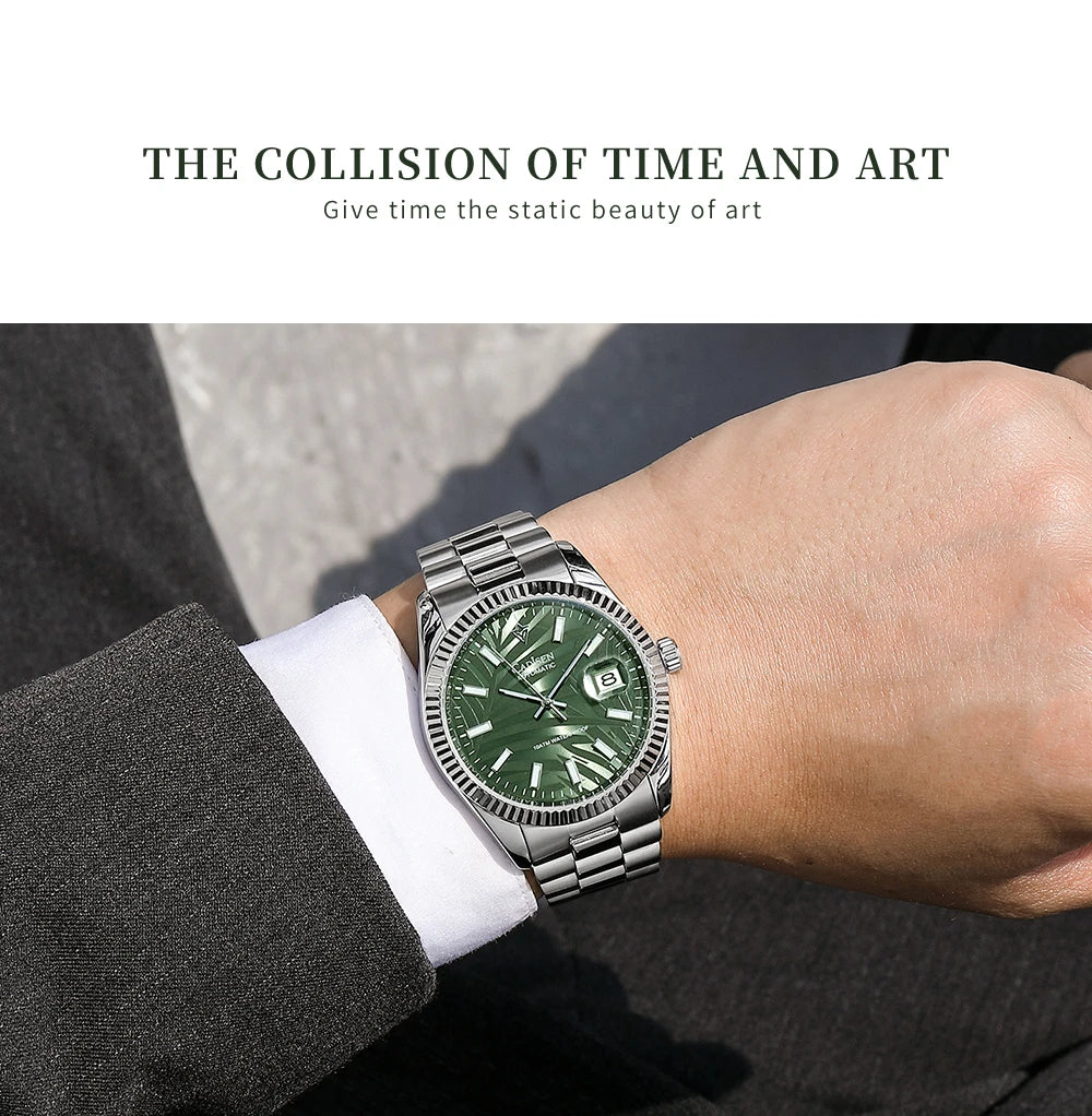 CADISEN 40MM Luxury Automatic Watch | Palm Leaf Dial, Sapphire Glass, MIYOTA 8215 Movement, Olive Green Design