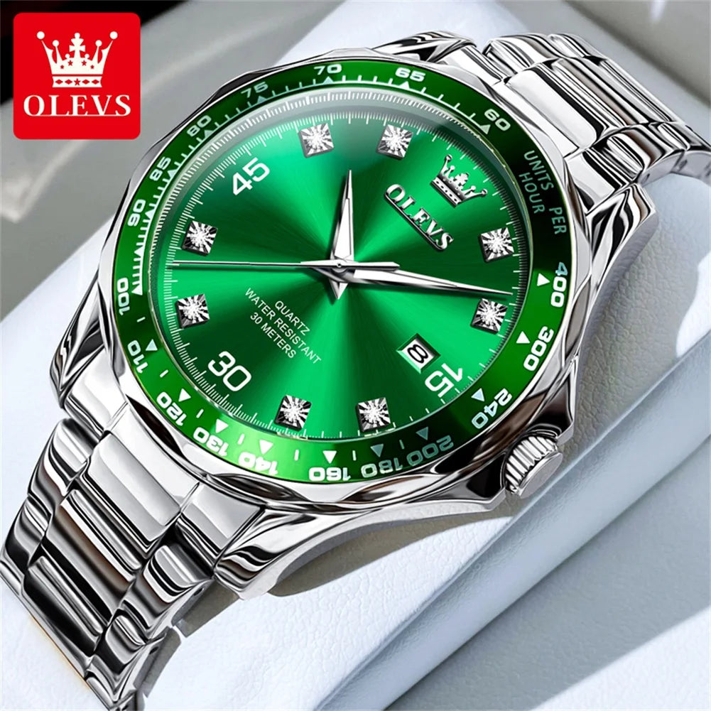 OLEVS Golden Green Quartz Watch for Men - Luxury Brand, Diving Waterproof, Stainless Steel, Rubber Strap, Original Men's Watch 9988