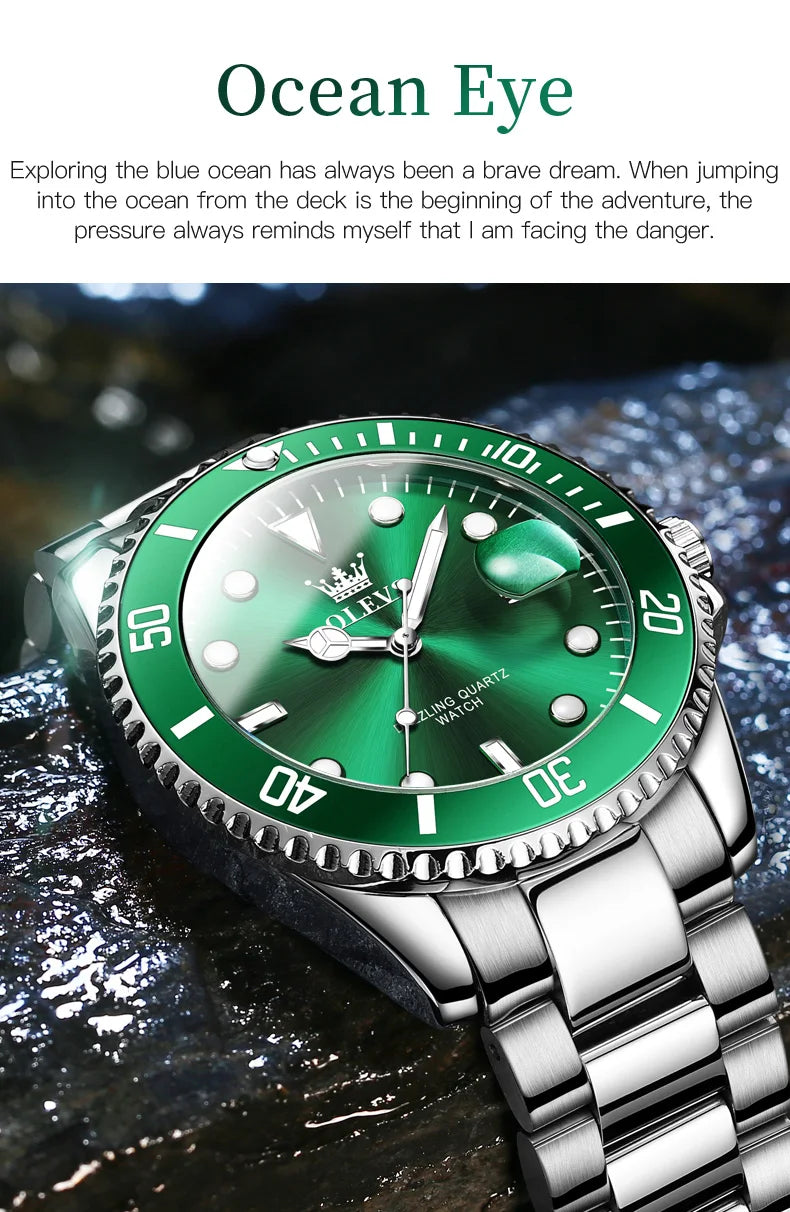 OLEVS Green Waterproof Men's Quartz Watch - Luxury Stainless Steel & Luminous Design