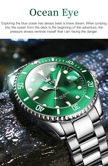 OLEVS Green Waterproof Men's Quartz Watch - Luxury Stainless Steel & Luminous Design