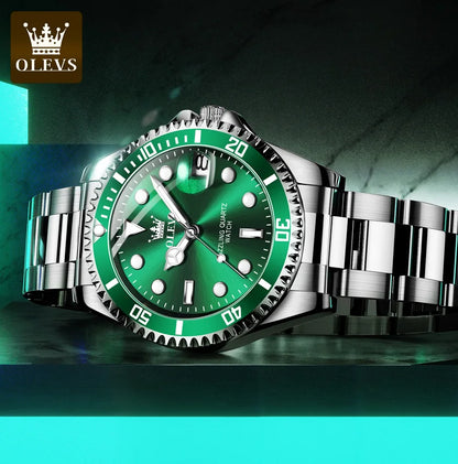 OLEVS Green Waterproof Men's Quartz Watch - Luxury Stainless Steel & Luminous Design