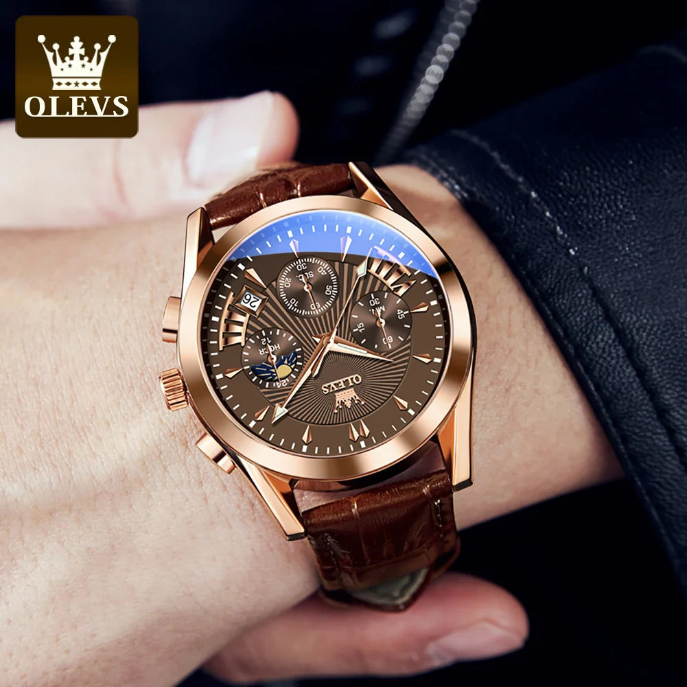 OLEVS Original Luxury Men's Watch – High-Quality Waterproof Quartz Wristwatch with Fashionable Leather Strap