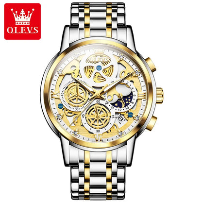 OLEVS Men's Luxury Quartz Watch - Waterproof, Gold Skeleton Design, 24-Hour Day & Night Wristwatch