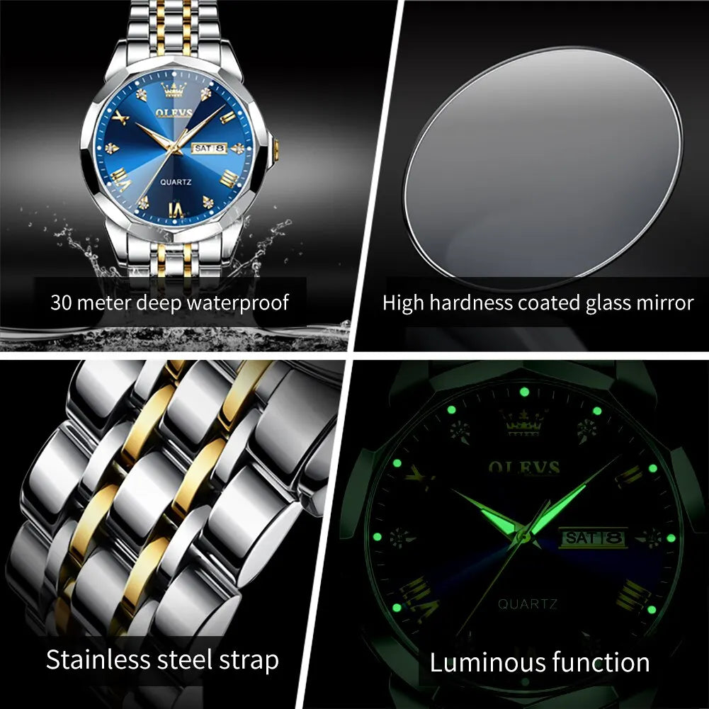 OLEVS Men's Quartz Watch - Rhombus Mirror, Waterproof, Luminous, Stainless Steel, Date & Week Display