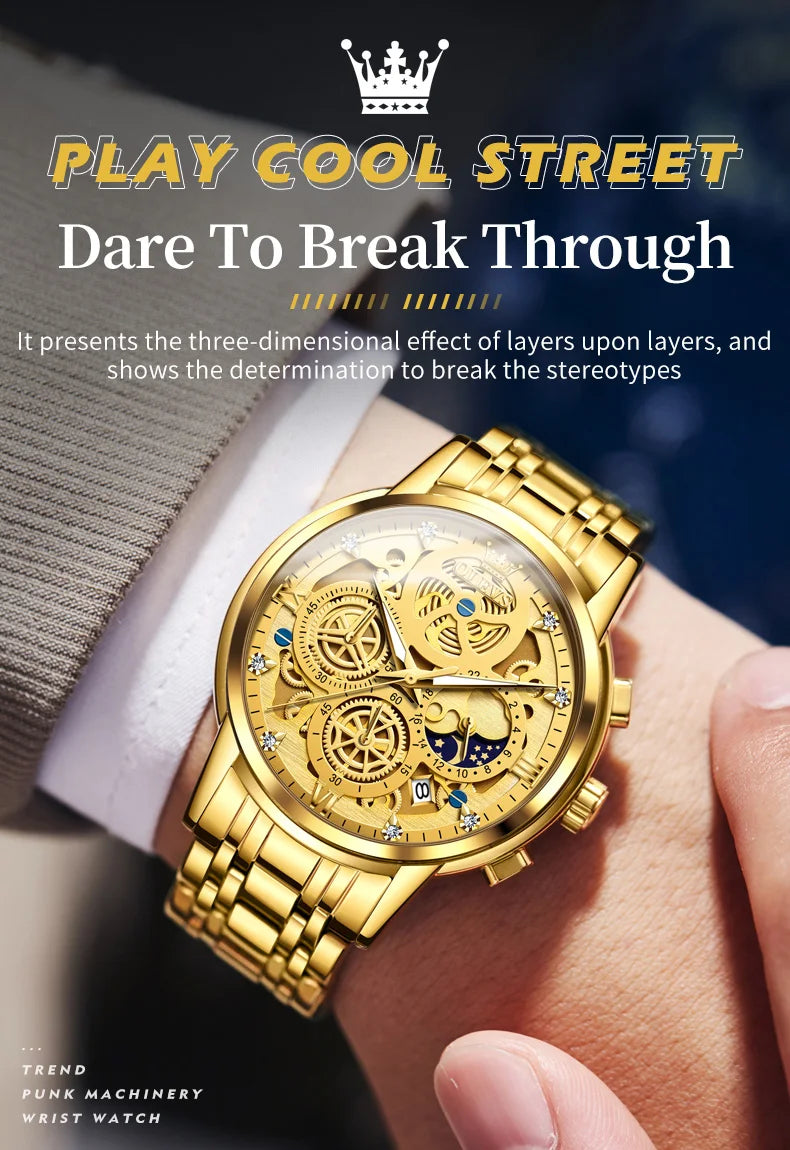 OLEVS Men's Luxury Quartz Watch - Waterproof, Gold Skeleton Design, 24-Hour Day & Night Wristwatch