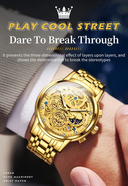 OLEVS Men's Luxury Quartz Watch - Waterproof, Gold Skeleton Design, 24-Hour Day & Night Wristwatch