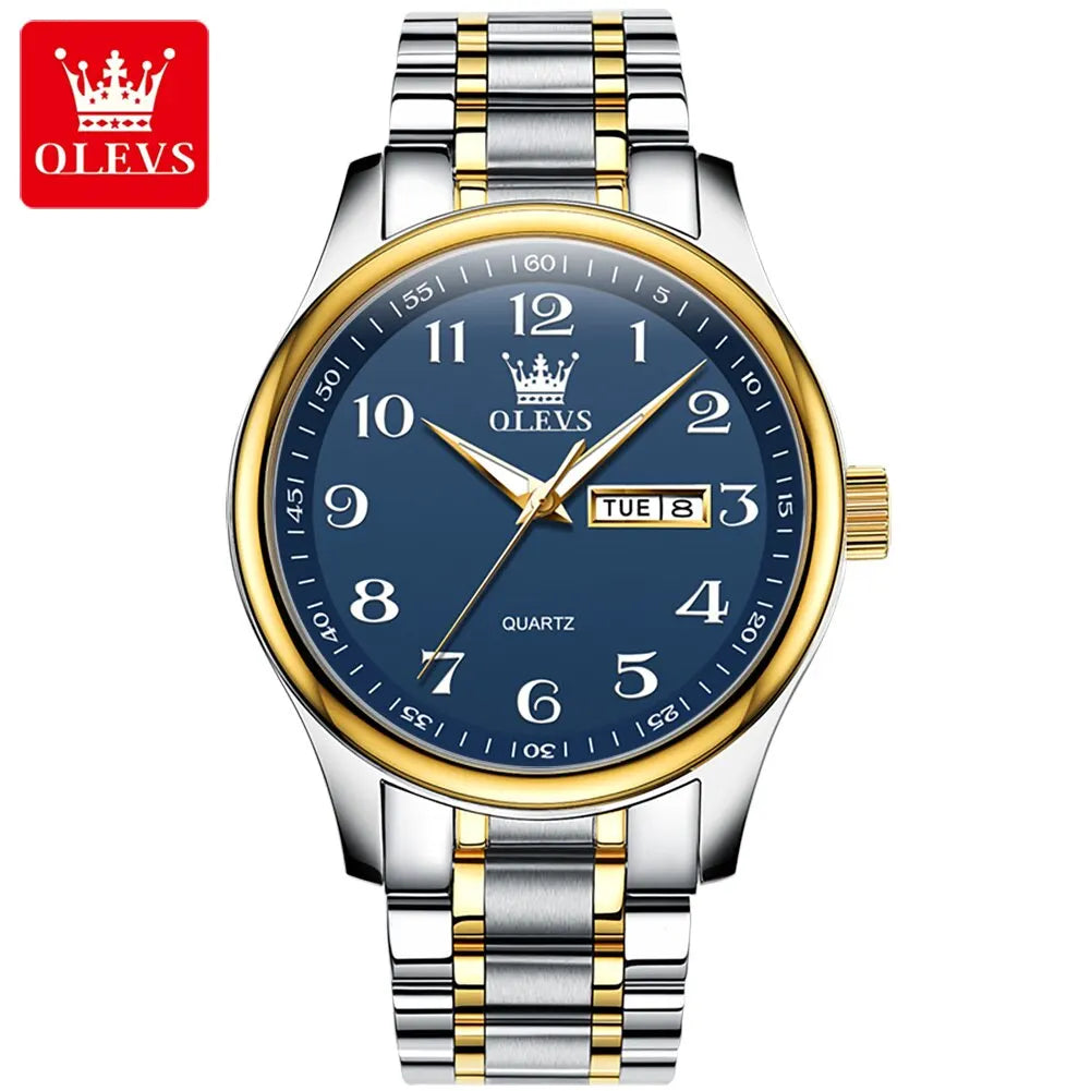 OLEVS Classic Business Quartz Watch for Men: Digital Dial, Date & Week Display, Luminous, Waterproof, Gold Wristwatch