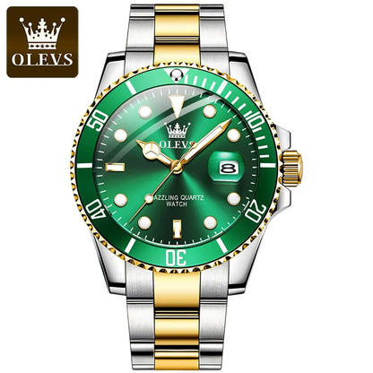 OLEVS Men's Luxury Quartz Watch - Green Dial, Stainless Steel, Luminous, Waterproof