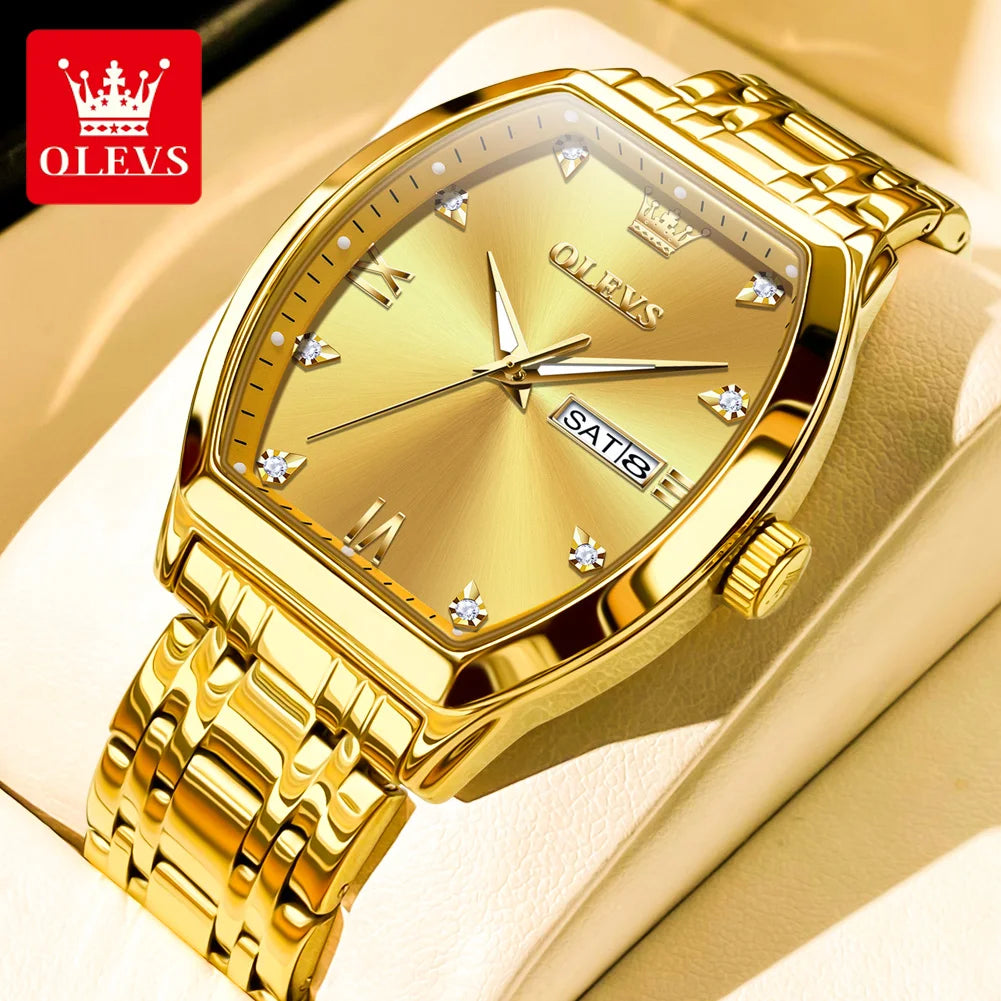 OLEVS Men's Luxury Tonneau Quartz Watch Original Top Brand, Waterproof, Luminous Hands, Week & Date Display, Elegant Male Wristwatch