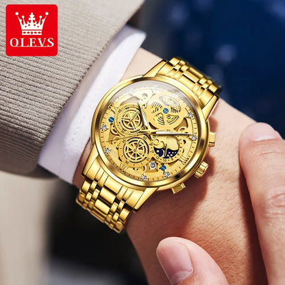 OLEVS Men's Luxury Quartz Watch - Waterproof, Gold Skeleton Design, 24-Hour Day & Night Wristwatch