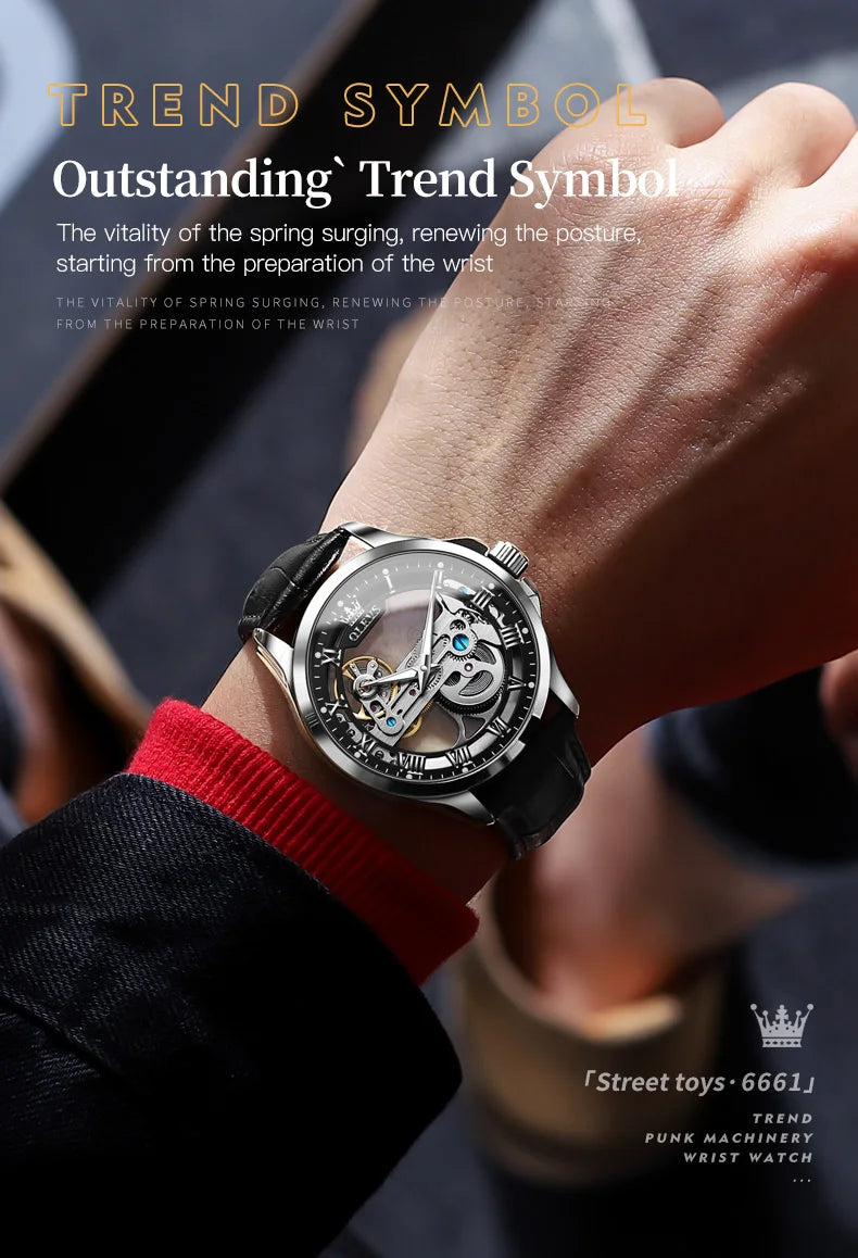 OLEVS Luxury Men's Automatic Mechanical Watch - Skeleton Design, Waterproof, Leather Strap