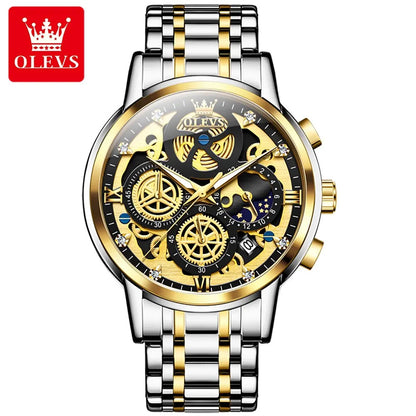 OLEVS Men's Luxury Quartz Watch - Waterproof, Gold Skeleton Design, 24-Hour Day & Night Wristwatch