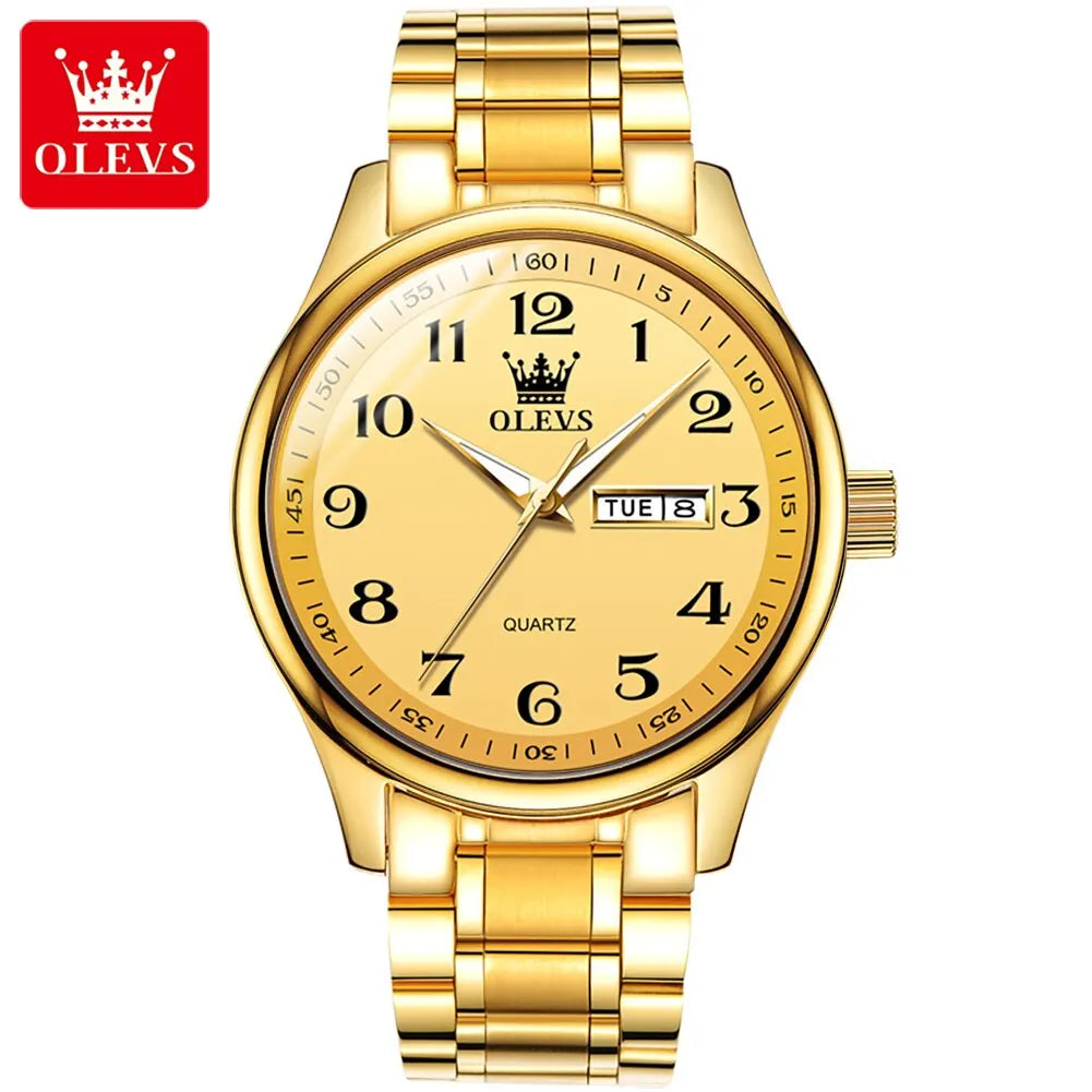 OLEVS Classic Business Quartz Watch for Men: Digital Dial, Date & Week Display, Luminous, Waterproof, Gold Wristwatch