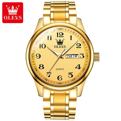 OLEVS Classic Business Quartz Watch for Men: Digital Dial, Date & Week Display, Luminous, Waterproof, Gold Wristwatch